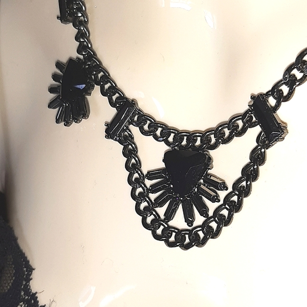 Whimsigoth Y2K Necklace - Black & Onyx Like Stone on Gunmetal